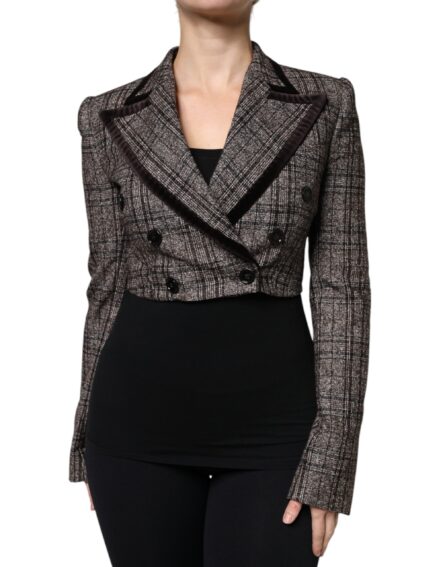 Brown Plaid Long Sleeve Cropped Coat Jacket - Image 2