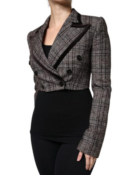 Brown Plaid Long Sleeve Cropped Coat Jacket - Image 3