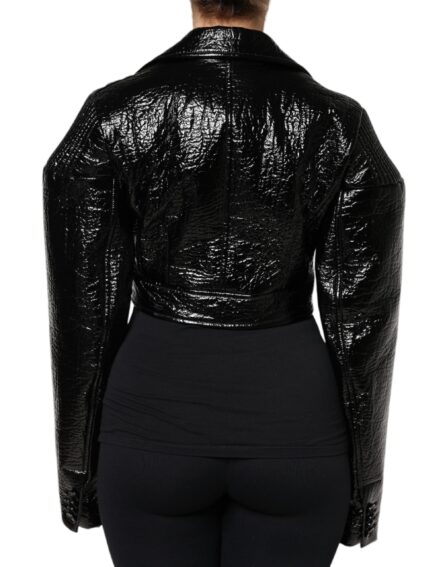 Black Leather Cropped Long Sleeve Coat Jacket - Image 4