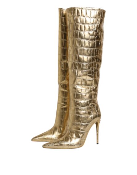 Gold Leather Stiletto Heels High Boots Shoes - Image 3