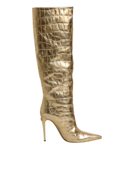 Gold Leather Stiletto Heels High Boots Shoes - Image 7