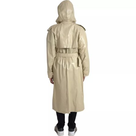 Beige Lambskin Leather Trench Coat Jacket - Image 5