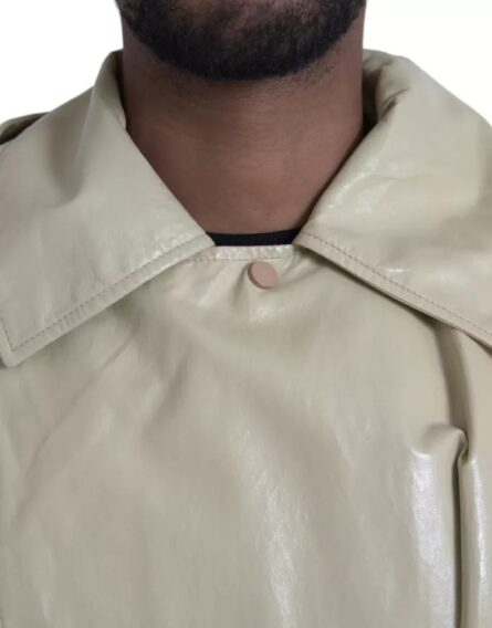 Beige Lambskin Leather Trench Coat Jacket - Image 8