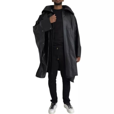 Black Leather Hooded Men Trenchcoat Jacket - Image 3