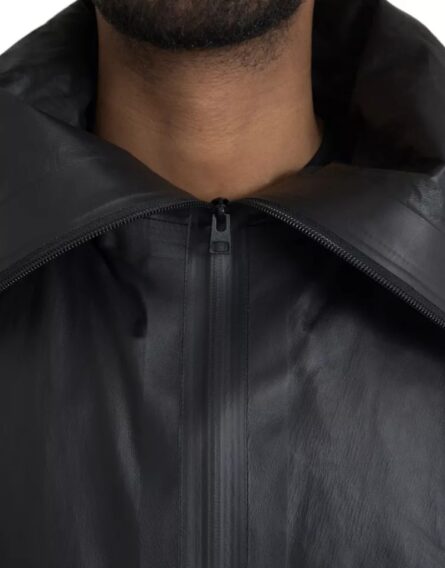 Black Leather Hooded Men Trenchcoat Jacket - Image 7