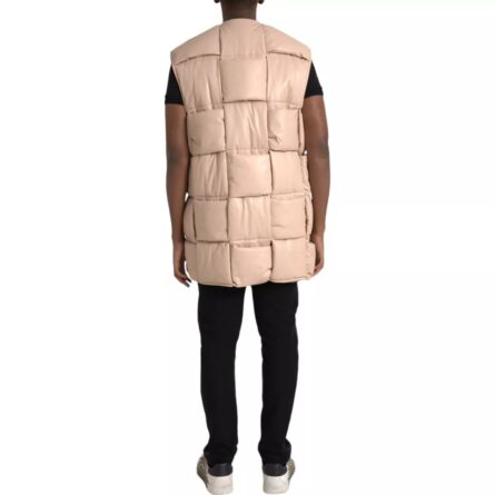 Beige Quilted Sleeveless Calf Leather Jacket - Image 3