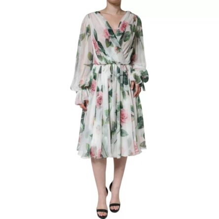 White Silk Floral Print A-line Midi Dress - Image 4