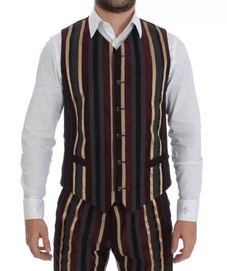 Multicolor Striped Runway 3 Piece Slim Fit Vest Suit - Image 3