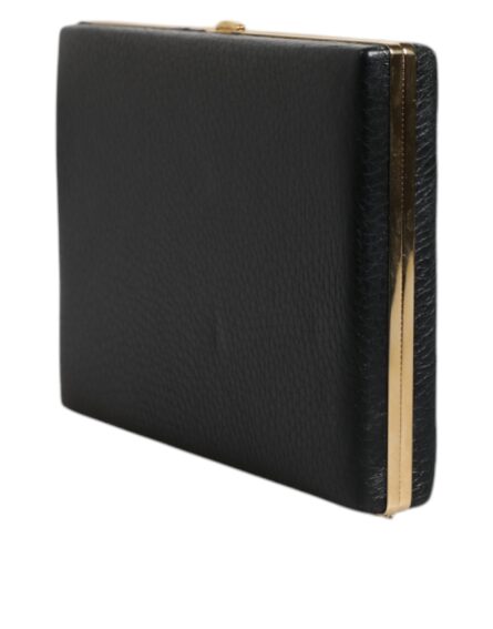 Black Leather Gold Frame Clutch Evening Party Purse Bag - Image 3