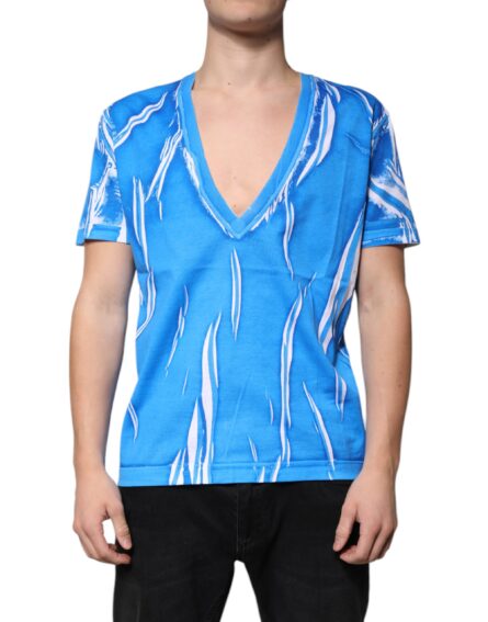 Blue Cotton V-neck Short Sleeves T-shirt - Image 2