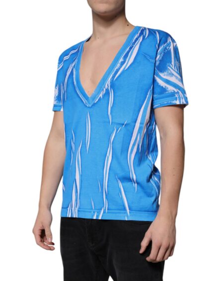 Blue Cotton V-neck Short Sleeves T-shirt - Image 3