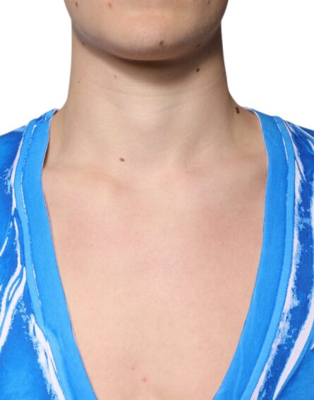 Blue Cotton V-neck Short Sleeves T-shirt - Image 5