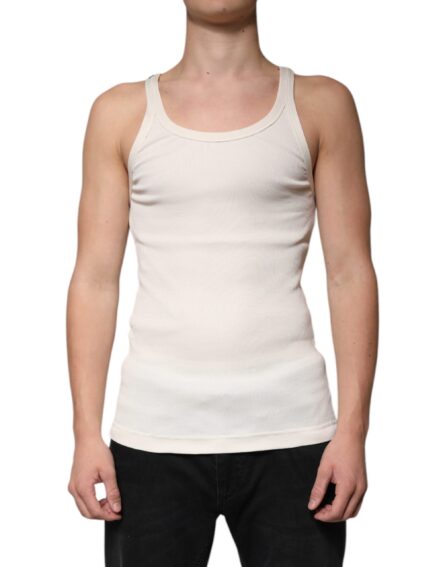 Off White Cotton Sleeveless Round Neck Tank T-shirt - Image 2