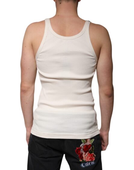 Off White Cotton Sleeveless Round Neck Tank T-shirt - Image 4