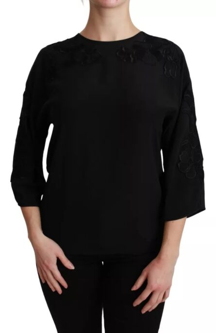 Black Floral Embroidered Blouse Silk Top - Image 4