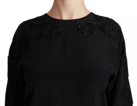 Black Floral Embroidered Blouse Silk Top - Image 7
