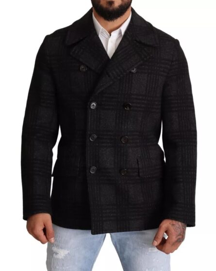 Black Trench Coat Check Wool Jacket - Image 5