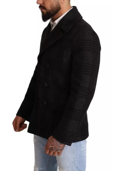 Black Trench Coat Check Wool Jacket - Image 6