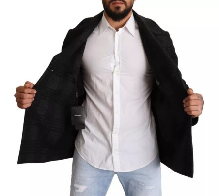 Black Trench Coat Check Wool Jacket - Image 7