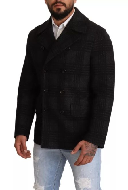 Black Trench Coat Check Wool Jacket - Image 8