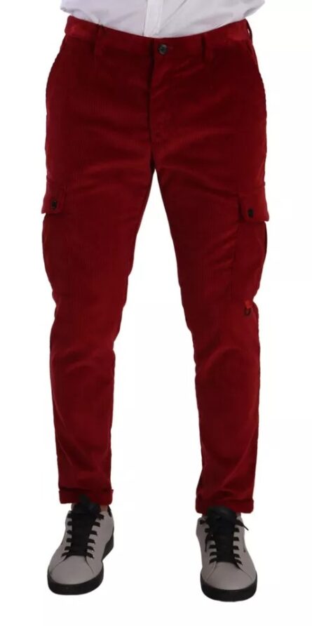 Red Corduroy Cotton Cargo Skinny Pants - Image 4