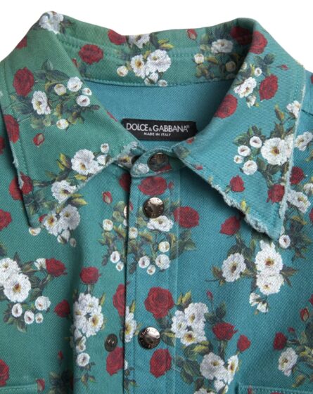 Blue Floral Cotton Button Down Denim Shirt - Image 2