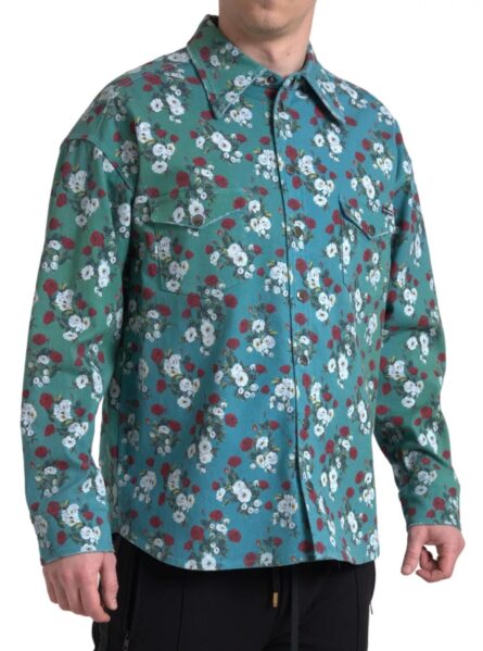 Blue Floral Cotton Button Down Denim Shirt - Image 7