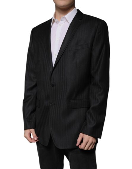 Black Stripe Wool Single Breasted Blazer - Image 3