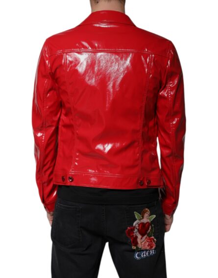 Red Polyester Button Down Collared Jacket - Image 4