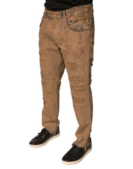 Brown Tattered Cotton Skinny Denim Jeans - Image 3