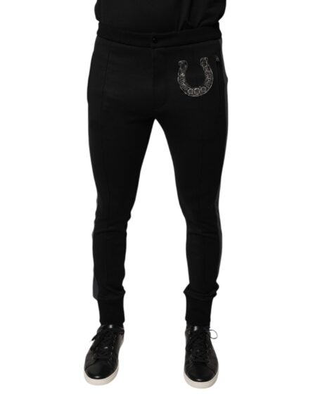 Black Horseshoe Embellished Wool Slim Fit Pants - Image 2