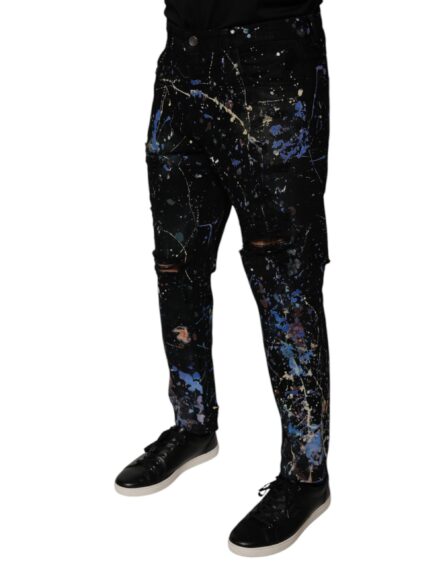 Black Color Splash Cotton Skinny Denim Jeans - Image 3