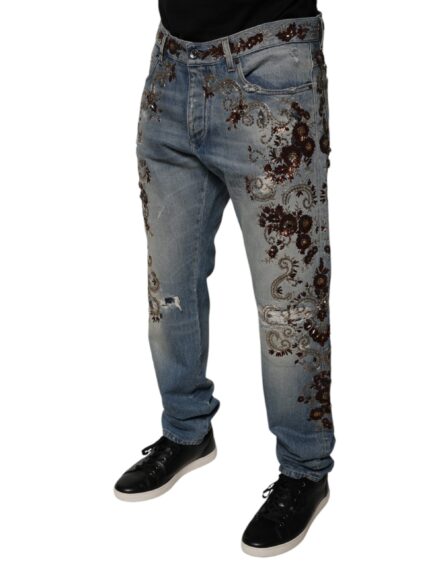 Light Blue Embroidered Skinny Denim Jeans - Image 3