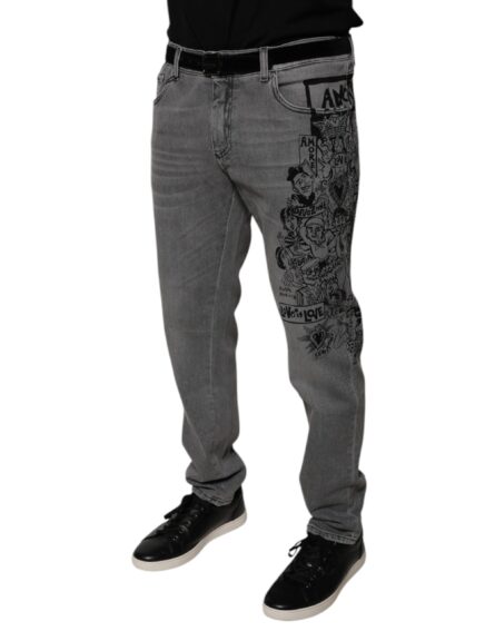 Gray Graphic Print Cotton Skinny Denim Jeans - Image 3