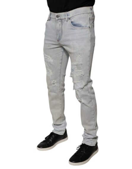 Light Blue Cotton Blend Tattered Skinny Denim Jeans - Image 3