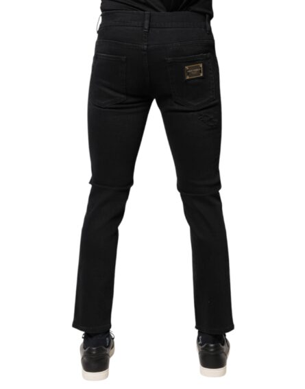Black Cotton Tattered Skinny Denim Logo Jeans - Image 4