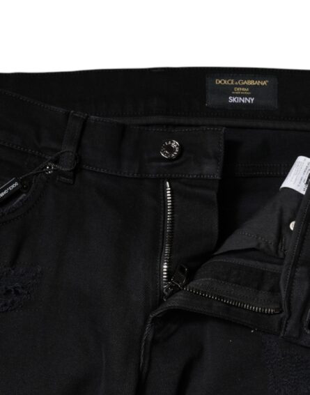 Black Cotton Tattered Skinny Denim Logo Jeans - Image 5