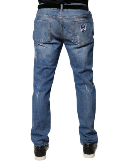 Blue Cotton Stretch Tattered Skinny Denim Jeans - Image 4