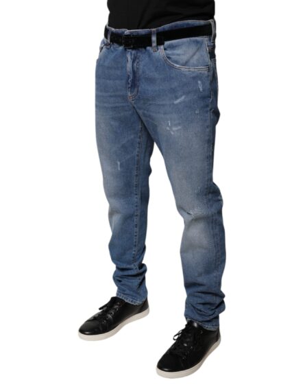 Light Blue Cotton Men Skinny Denim Jeans - Image 3