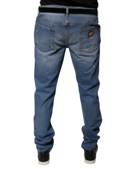 Light Blue Cotton Men Skinny Denim Jeans - Image 4