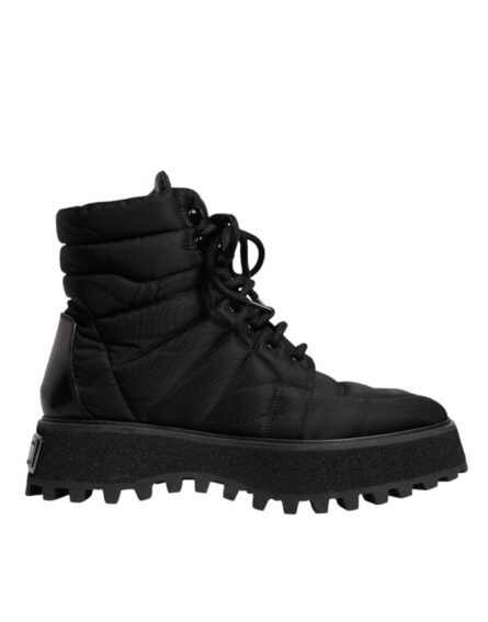 Black Padded Mid Calf Lace Up Boots Shoes - Image 5