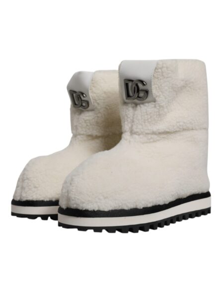 White Plush Logo Padded Mid Calf Boots Shoes - Image 2