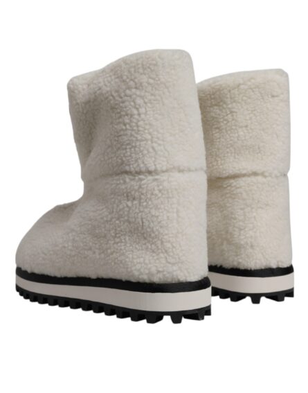 White Plush Logo Padded Mid Calf Boots Shoes - Image 4