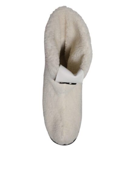 White Plush Logo Padded Mid Calf Boots Shoes - Image 7