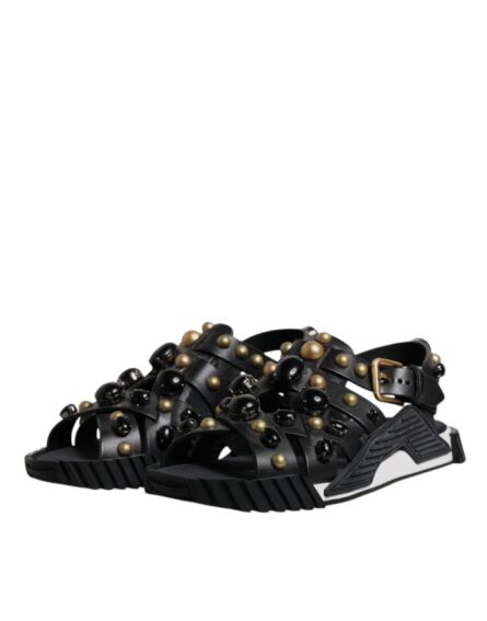 Black Leather Studded Slides Sandals Shoes - Image 3