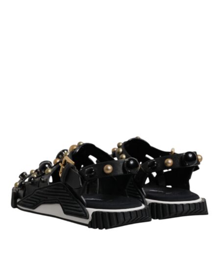Black Leather Studded Slides Sandals Shoes - Image 4