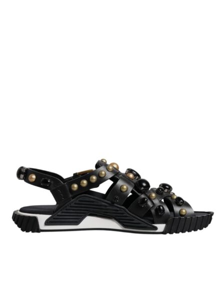 Black Leather Studded Slides Sandals Shoes - Image 7