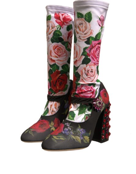 Black Floral Socks Crystal Boots Jersey Shoes - Image 2
