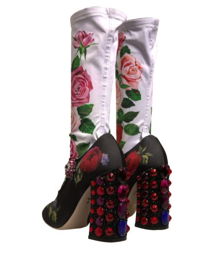 Black Floral Socks Crystal Boots Jersey Shoes - Image 3