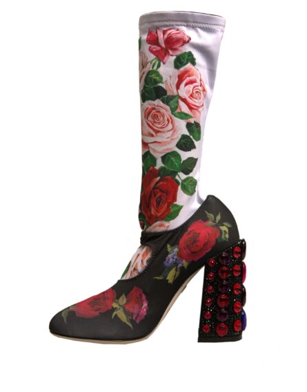 Black Floral Socks Crystal Boots Jersey Shoes - Image 4